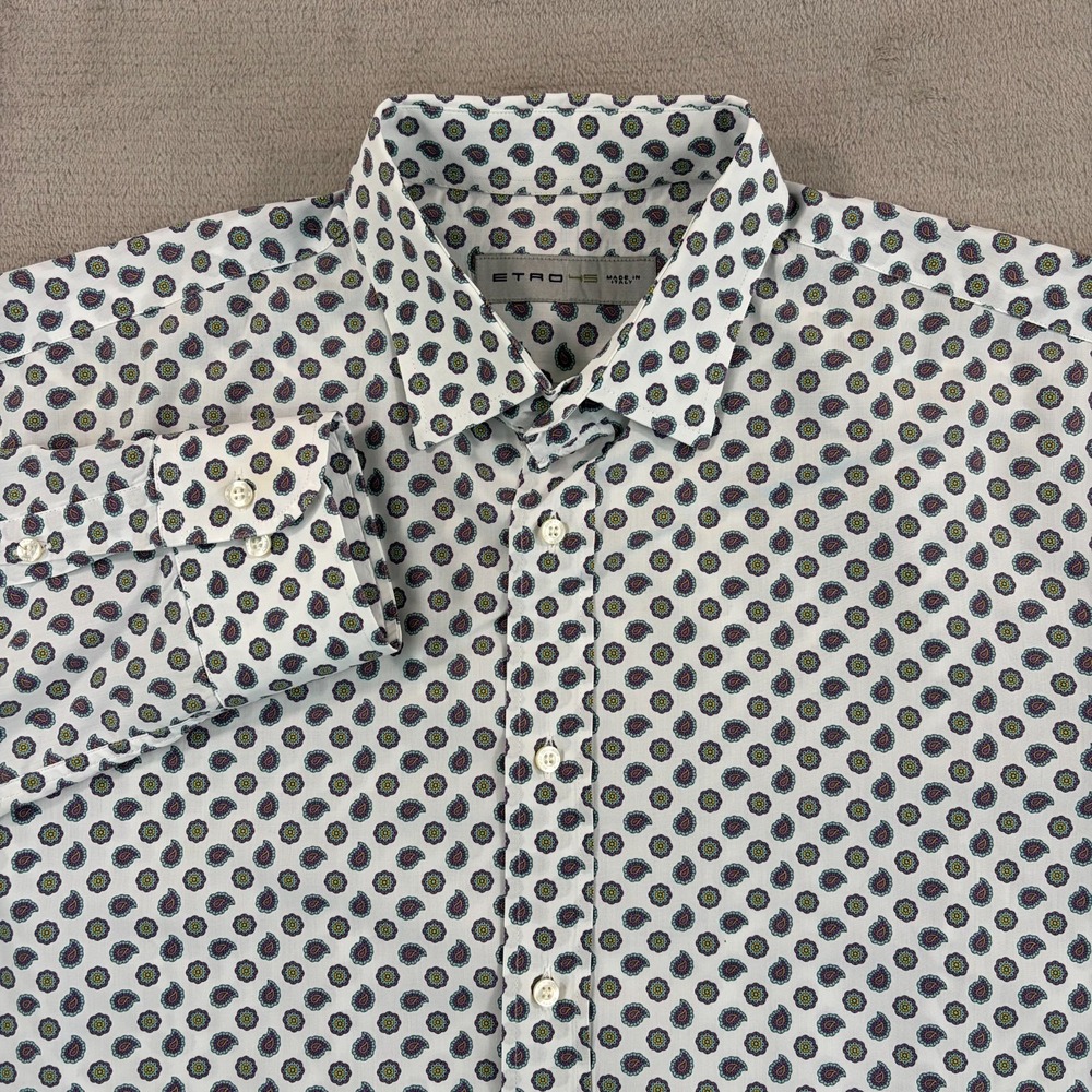 ETRO Dress Shirt Men 45 Multi Paisley AOP Long Sleeve Made in Italy Designer